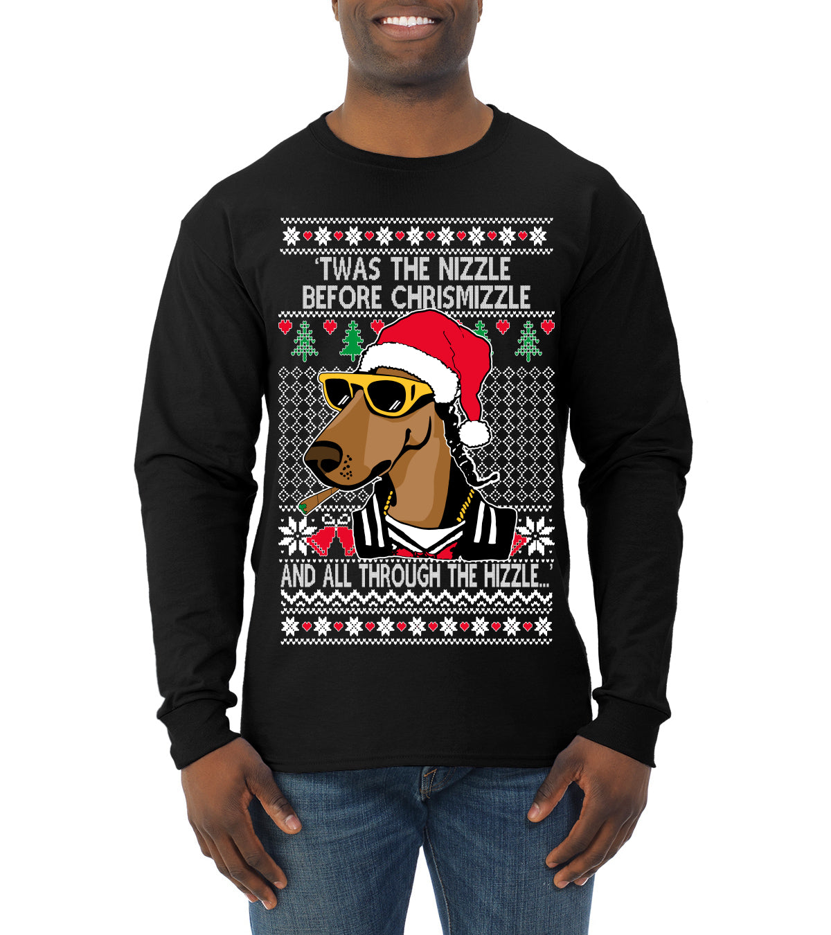 Twas The Nizzle Before Chrismizzle Gangster Dogg Rapper Ugly Christmas Sweater Mens Long Sleeve Shirt