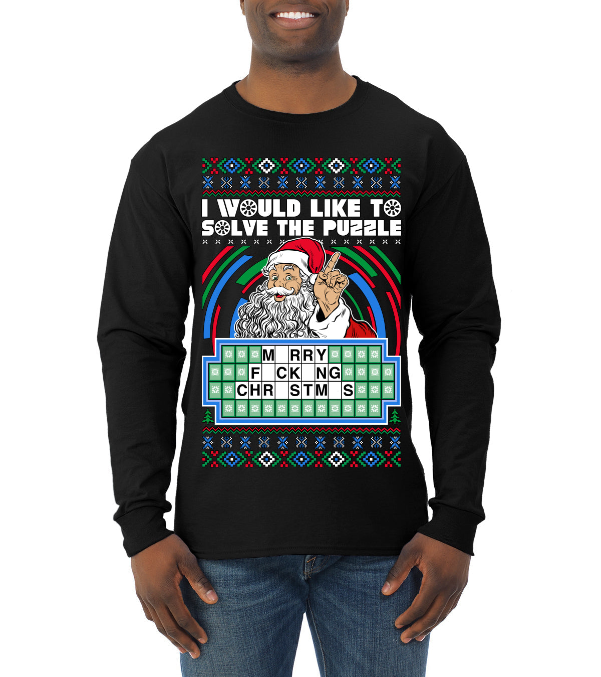 Santa Game Show I'd Like To Solve the Puzzle Wheel Ugly Christmas Sweater Mens Long Sleeve Shirt