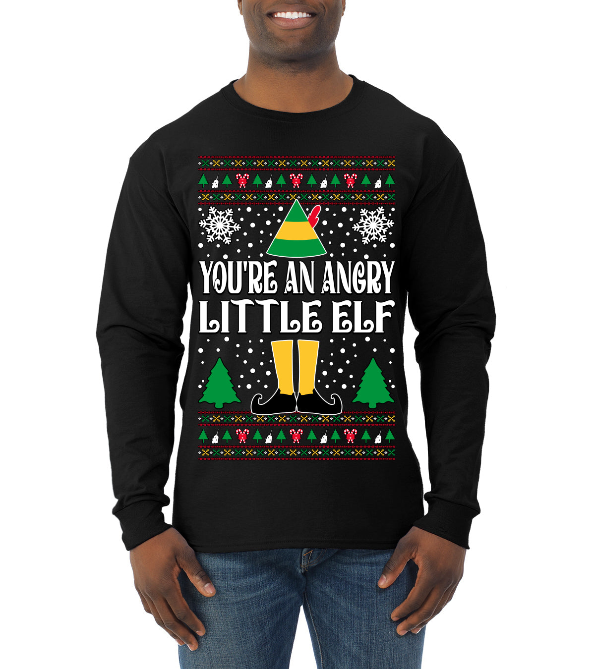 You're An Angry Little Elf Christmas Movie Quote  Ugly Christmas Sweater Mens Long Sleeve Shirt