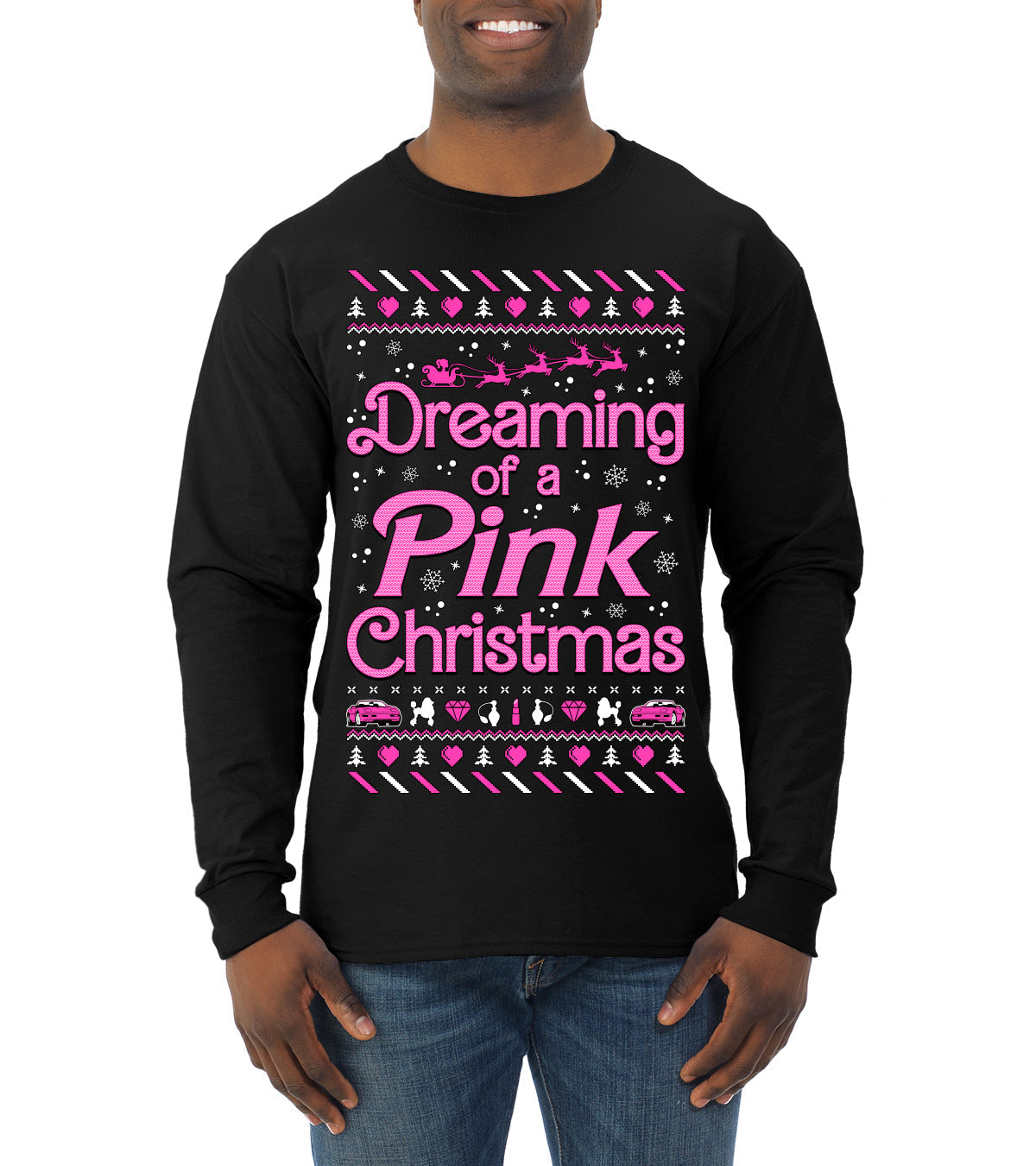 Dreaming Of A Pink Chirstmas Girly Woman Movie Party Ugly Christmas Sweater Mens Long Sleeve Shirt