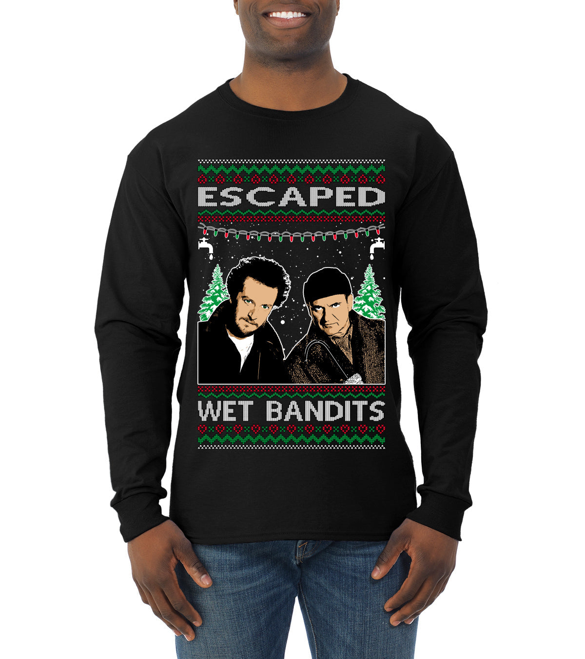 Escaped Bandits Classic Home Holiday Movie Ugly Christmas Sweater Mens Long Sleeve Shirt