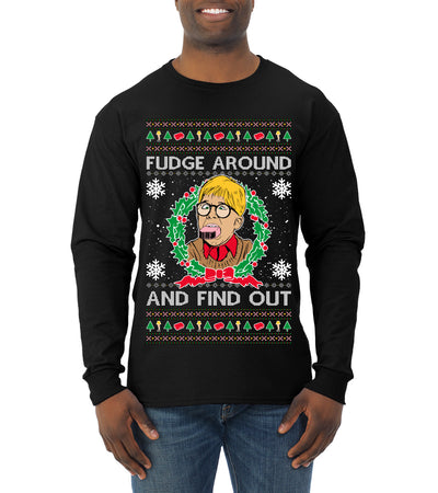 Fudge Around And Find Out Story Ugly Christmas Sweater Mens Long Sleeve Shirt