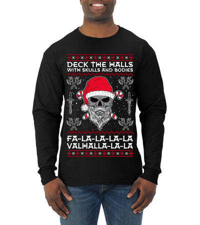 Valhalla Deck The Halls With Skulls & Bodies Ugly Christmas Sweater Mens Long Sleeve Shirt