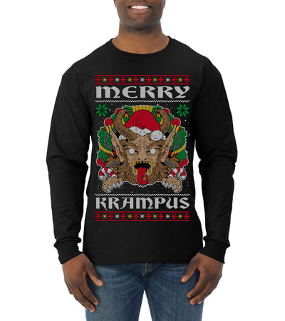 Merry Krampus Santa Folklore Figure Horror Ugly Christmas Sweater Mens Long Sleeve Shirt
