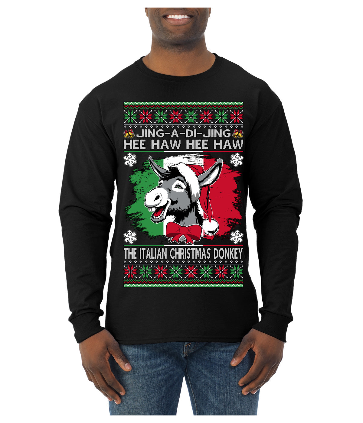 Jing a Di Jing Dominick the Italian Christmas Donkey Ugly Christmas Sweater Mens Long Sleeve Shirt