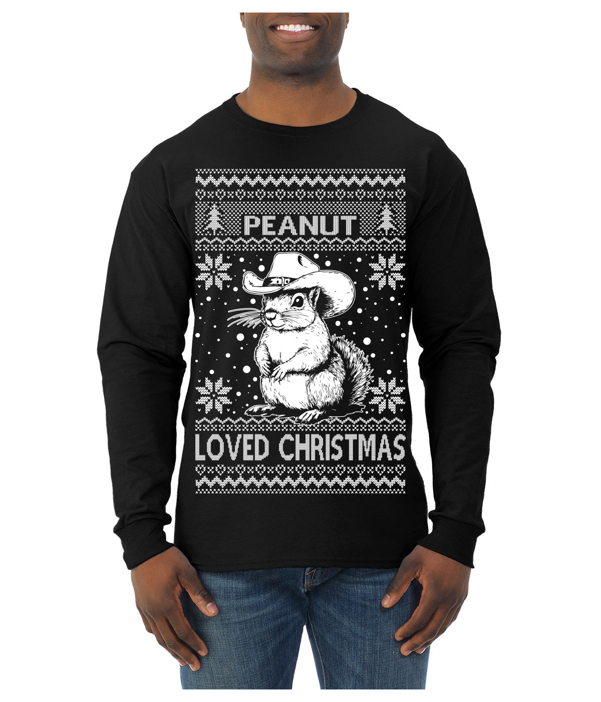 Peanut Loved Christmas RIP Funny Viral Squirrel Meme Ugly Christmas Sweater Mens Long Sleeve Shirt