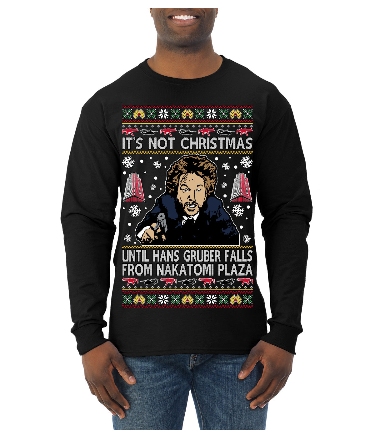 It's Not Christmas Until Hans Gruber Falls From Nakatomi Plaza Color Ugly Christmas Sweater Mens Long Sleeve Shirt