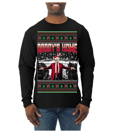 Daddy's Home Red Suit, I'll Be Home for Christmas | Funny Santa Clause President Donald Trump Ugly Christmas Sweater Mens Long Sleeve Shirt