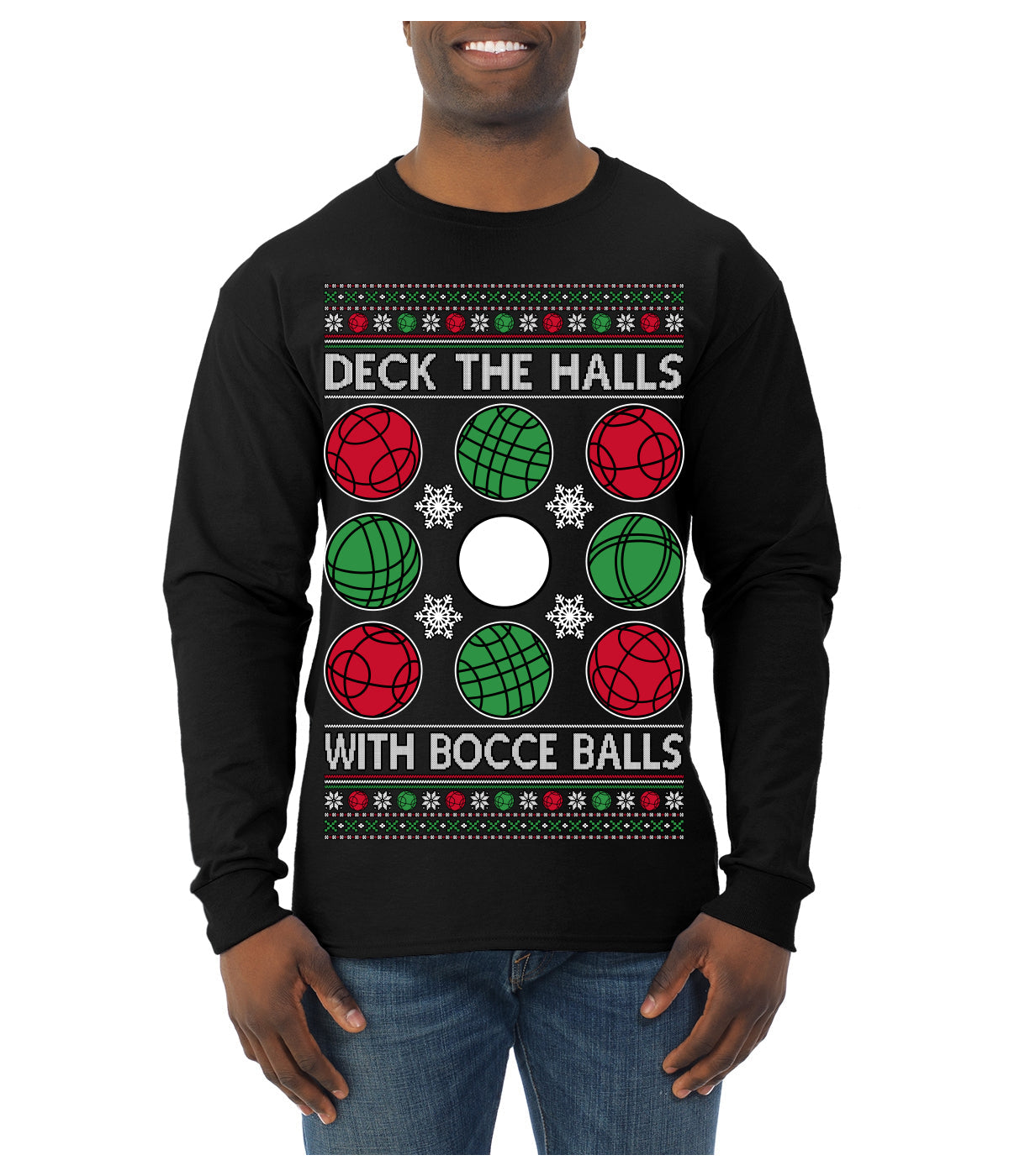 Deck the Halls with Bocce Balls, Funny Classic Italy Italian Sports Ugly Christmas Sweater Mens Long Sleeve Shirt