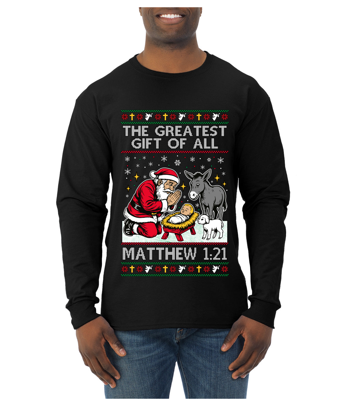 The Greatest Gift Of All Matthew 1:21, Ugly Christmas Sweater Mens Long Sleeve Shirt