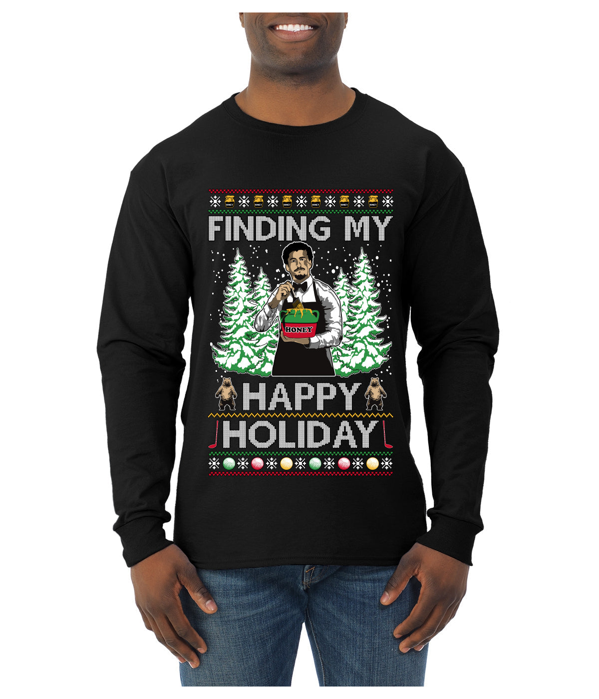 Finding My Happy Holiday, Ugly Christmas Sweater Mens Long Sleeve Shirt
