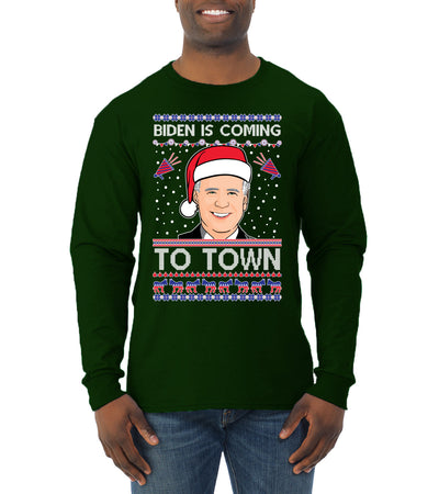 Biden Is Coming To Town Ugly Christmas Sweater Mens Long Sleeve Shirt