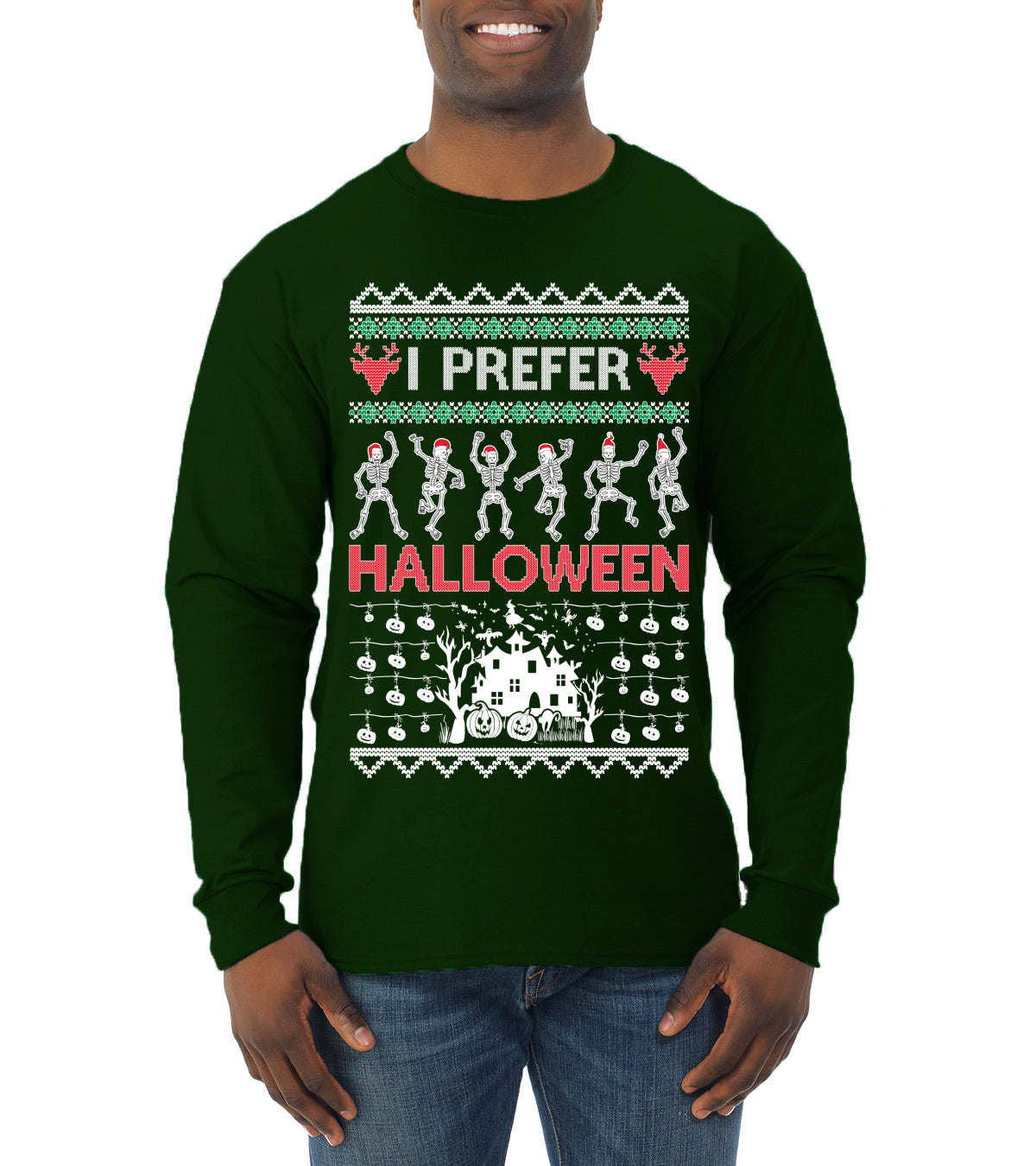 I Prefer Halloween Dancing Skeletons Ugly Christmas Sweater Mens Long Sleeve Shirt