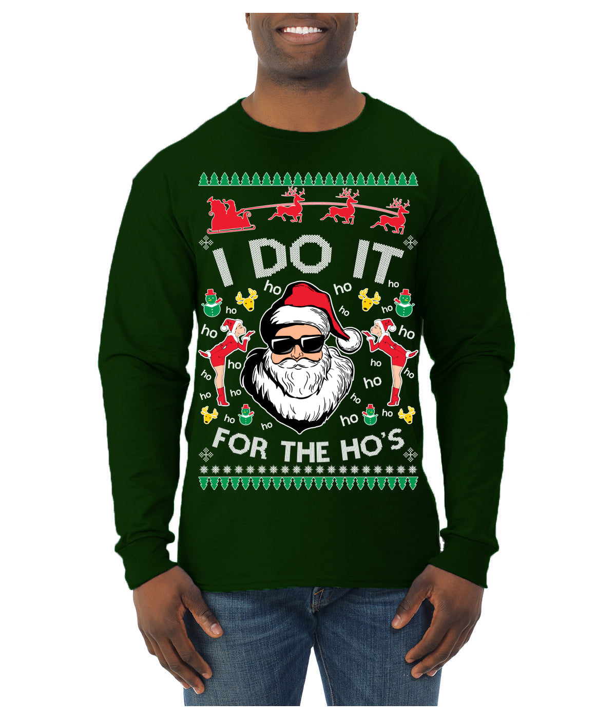 I Do It for the Hos Funny Santa Claus Ugly Christmas Sweater Mens Long Sleeve Shirt