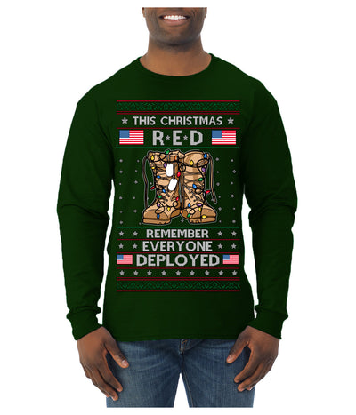 This Christmas RED Remember Everyone Deployed Veteran Ugly Christmas Sweater Mens Long Sleeve Shirt
