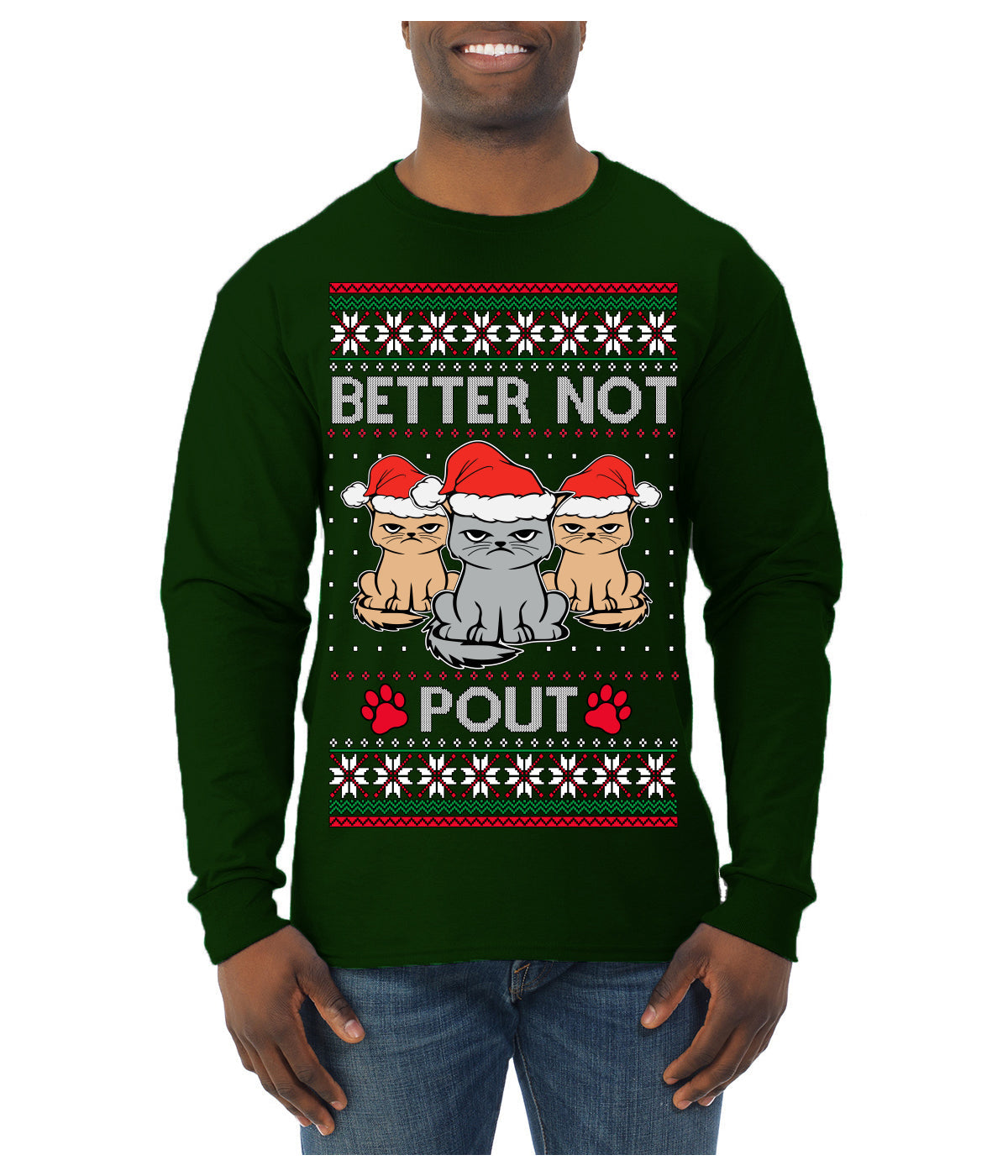Better Not Pout, Cute Sad Santa Cats | Funny Ugly Christmas Sweater Mens Long Sleeve Shirt
