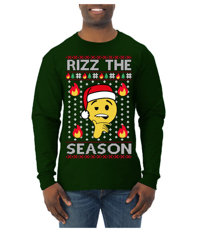 Rizz the Season Viral Internet Fire Emoji Face Meme Ugly Christmas Sweater Mens Long Sleeve Shirt