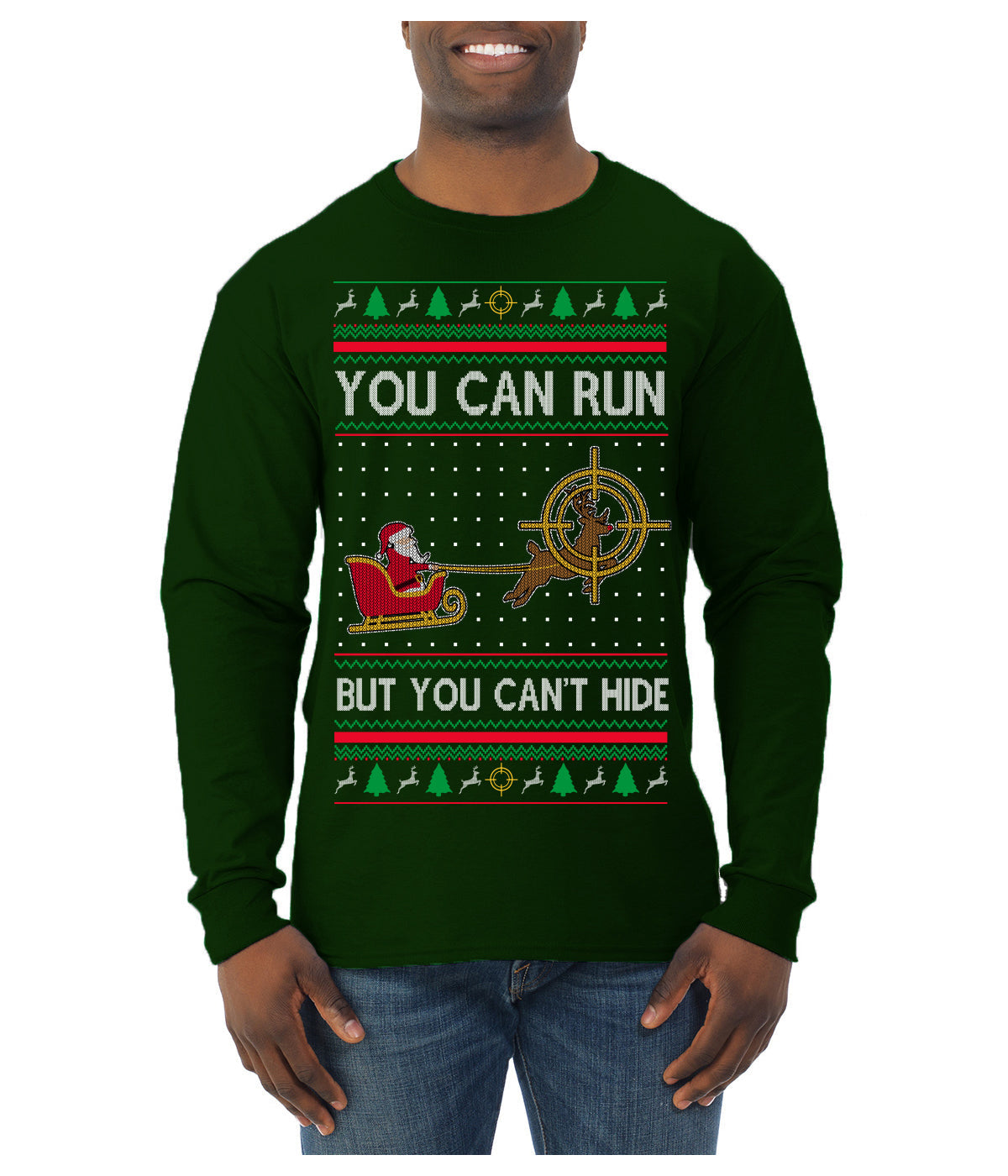 You Can Run But You Can't Hide Santa Sleigh Reindeer Ugly Christmas Sweater Mens Long Sleeve Shirt