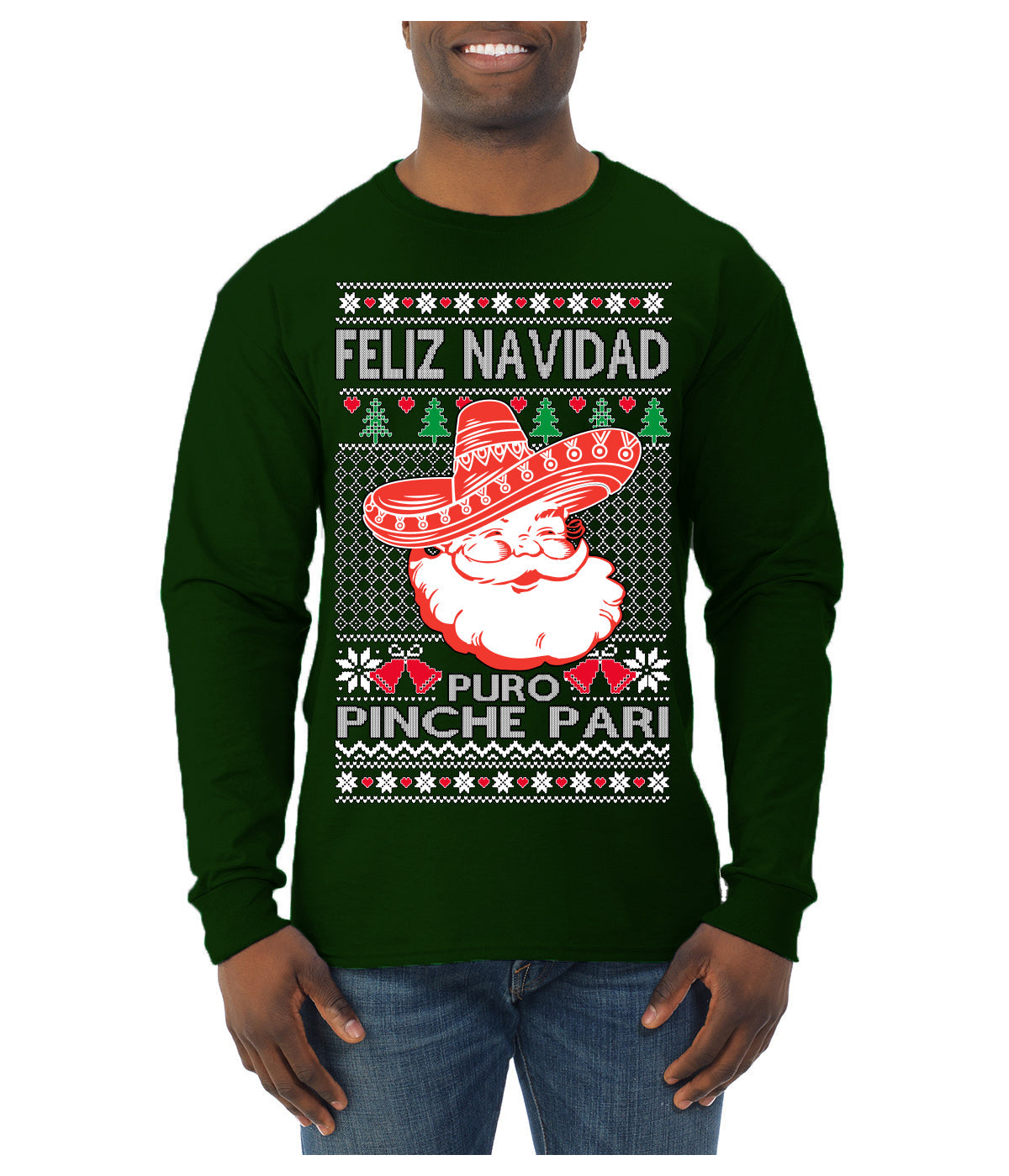 Feliz Navidad Puro Pinche Pari Funny Spanish Song Ugly Christmas Sweater Mens Long Sleeve Shirt