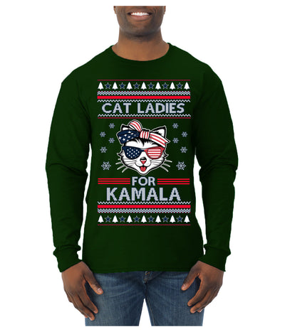 Cat Ladies for Kamala USA Glasses, Harris Tim Walz 2024 Cute USA Glasses Bow Ugly Christmas Sweater Mens Long Sleeve Shirt