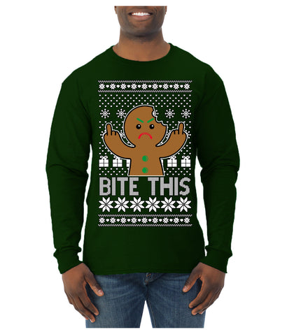 Bite This, Funny Gingerbread Cookie Offensive Inappropriate Middle Finger, F U Ginger Bread Dirty Novelty Xmas Ugly Christmas Sweater Mens Long Sleeve Shirt