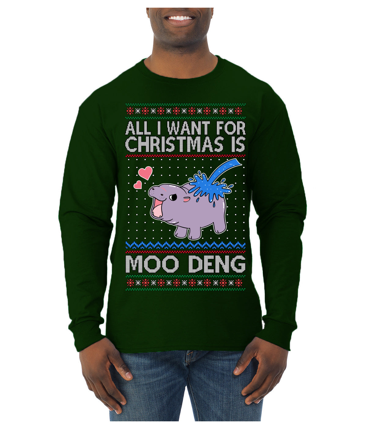 All I Want for Christmas is Moo Deng Cute Pygmy Hippo Ugly Christmas Sweater Mens Long Sleeve Shirt