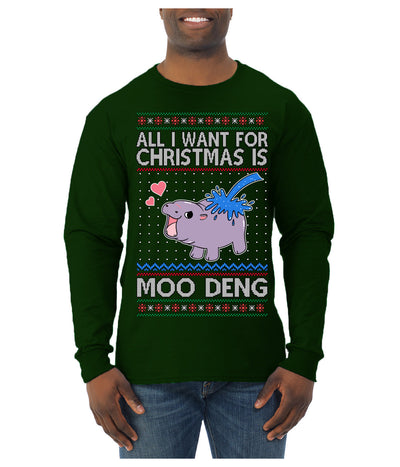 All I Want for Christmas is Moo Deng Cute Pygmy Hippo Ugly Christmas Sweater Mens Long Sleeve Shirt