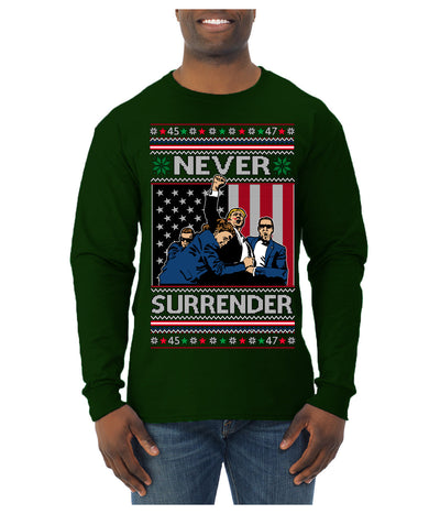 Never Surrender Pro Donald Trump Fight Fist Pump 2024 Ugly Christmas Sweater Mens Long Sleeve Shirt