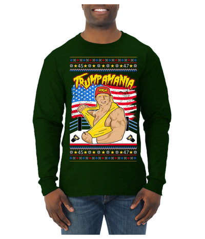 Trumpamania Funny Hogan 80s USA Wrestling Sports Parody Ugly Christmas Sweater Mens Long Sleeve Shirt