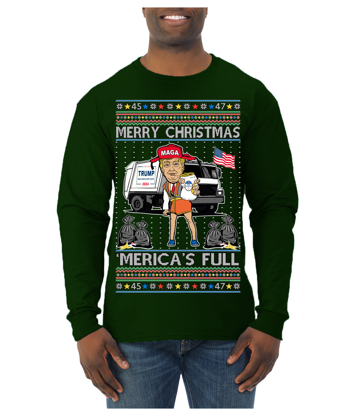 Donald Trump Merry Christmas Merica's Full Garbage Truck Ugly Christmas Sweater Mens Long Sleeve Shirt