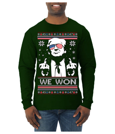 We Won Funny 45 47 President Trump Shot USA Glasses Ugly Christmas Sweater Mens Long Sleeve Shirt