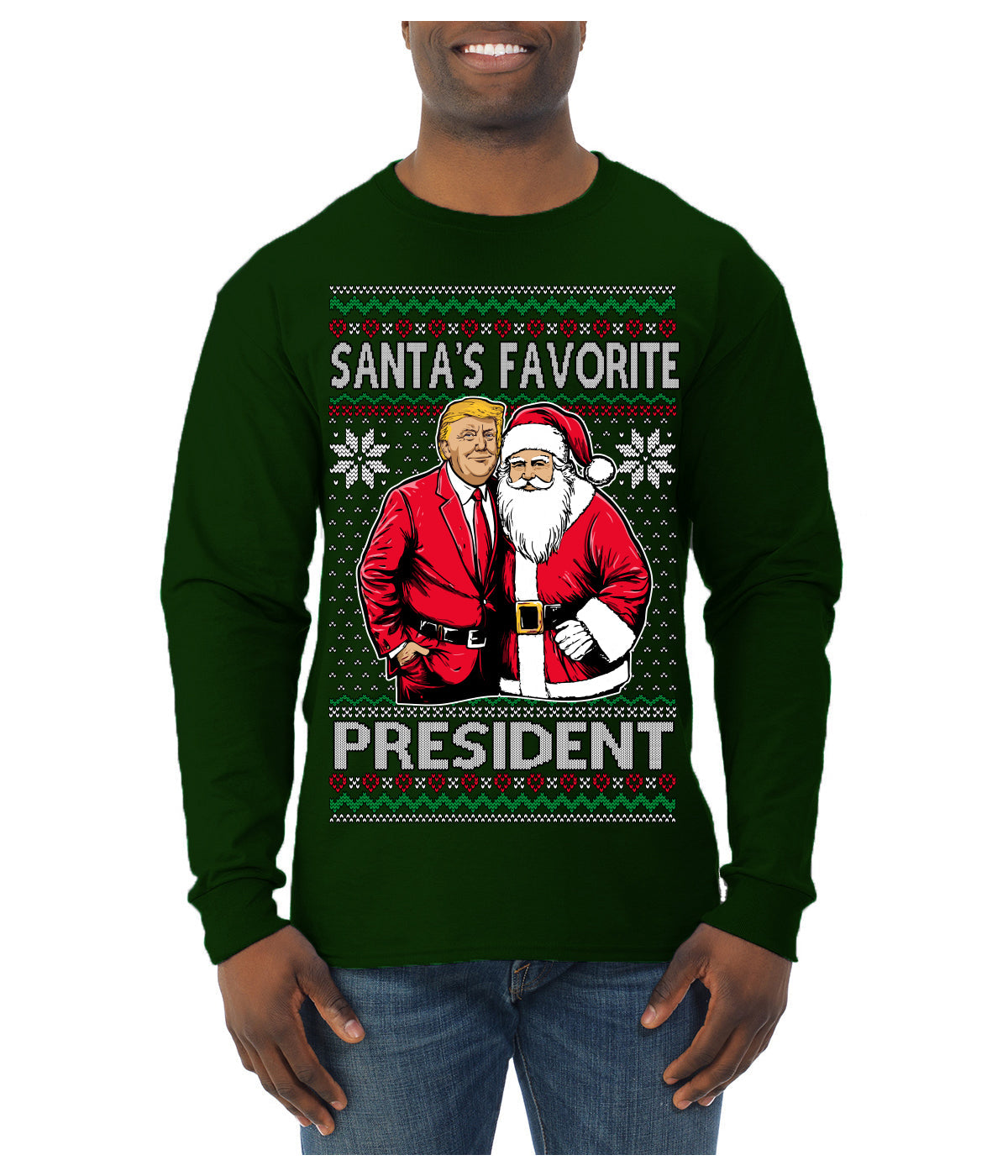 Santa's Favorite President Red Suit Trump Ugly Christmas Sweater Mens Long Sleeve Shirt