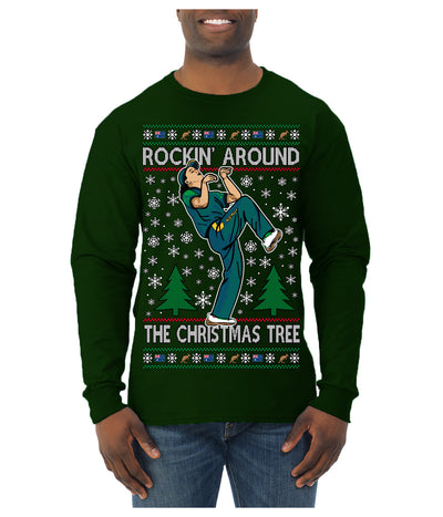 Rockin Around the Christmas Tree Raygun Viral Breakdancer Ugly Christmas Sweater Mens Long Sleeve Shirt