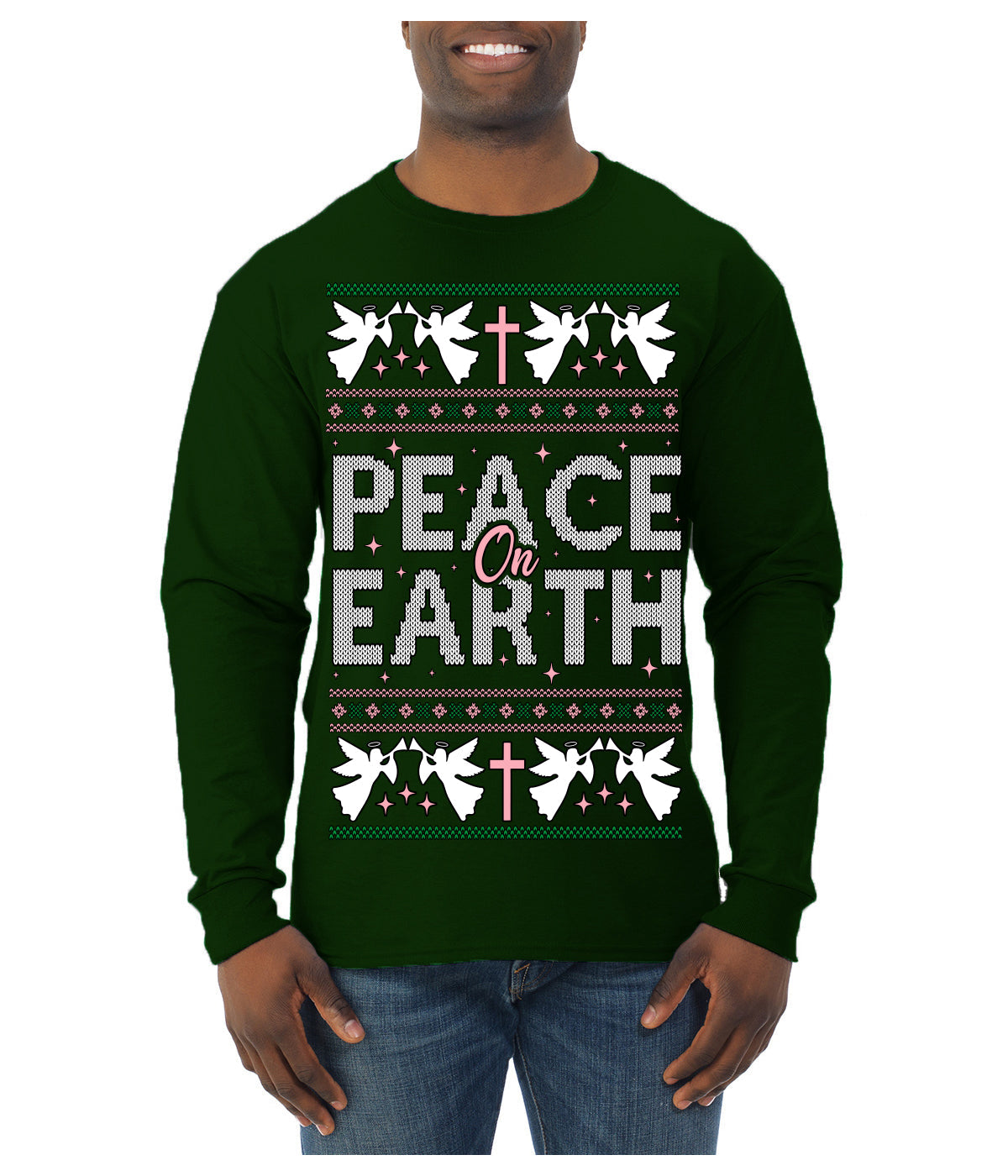 Peace On Earth Funny Xmas Cute Pink Angel Cross Ugly Christmas Sweater Mens Long Sleeve Shirt