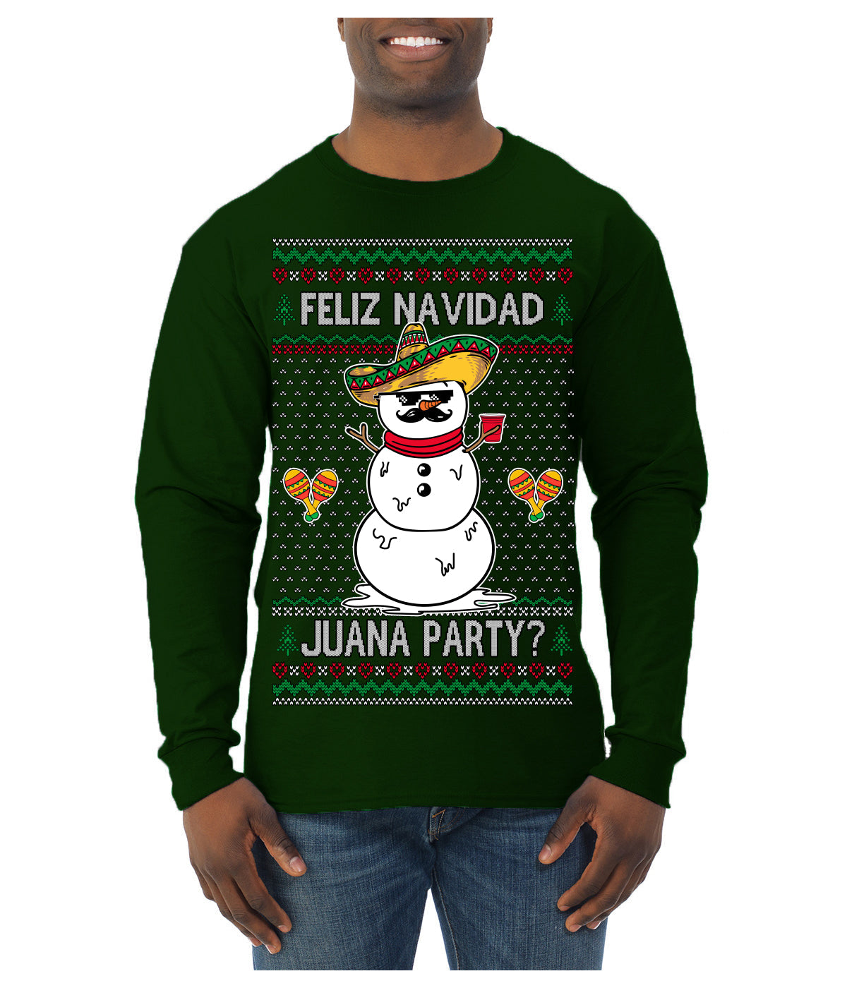 Feliz Navidad Juana Party Funny Spanish Drinking Cerveza Ugly Christmas Sweater Mens Long Sleeve Shirt