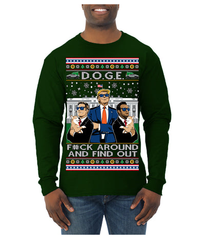Doge F Around and Find Out Donald Trump Elon Vivek MAGA Ugly Christmas Sweater Mens Long Sleeve Shirt