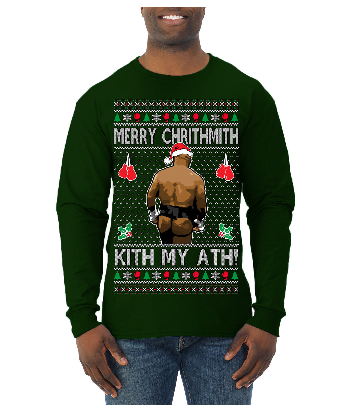 Merry Chrithmith Kith My Ath, Butt Viral Kiss My Ass Boxing Fight Meme Ugly Christmas Sweater Mens Long Sleeve Shirt