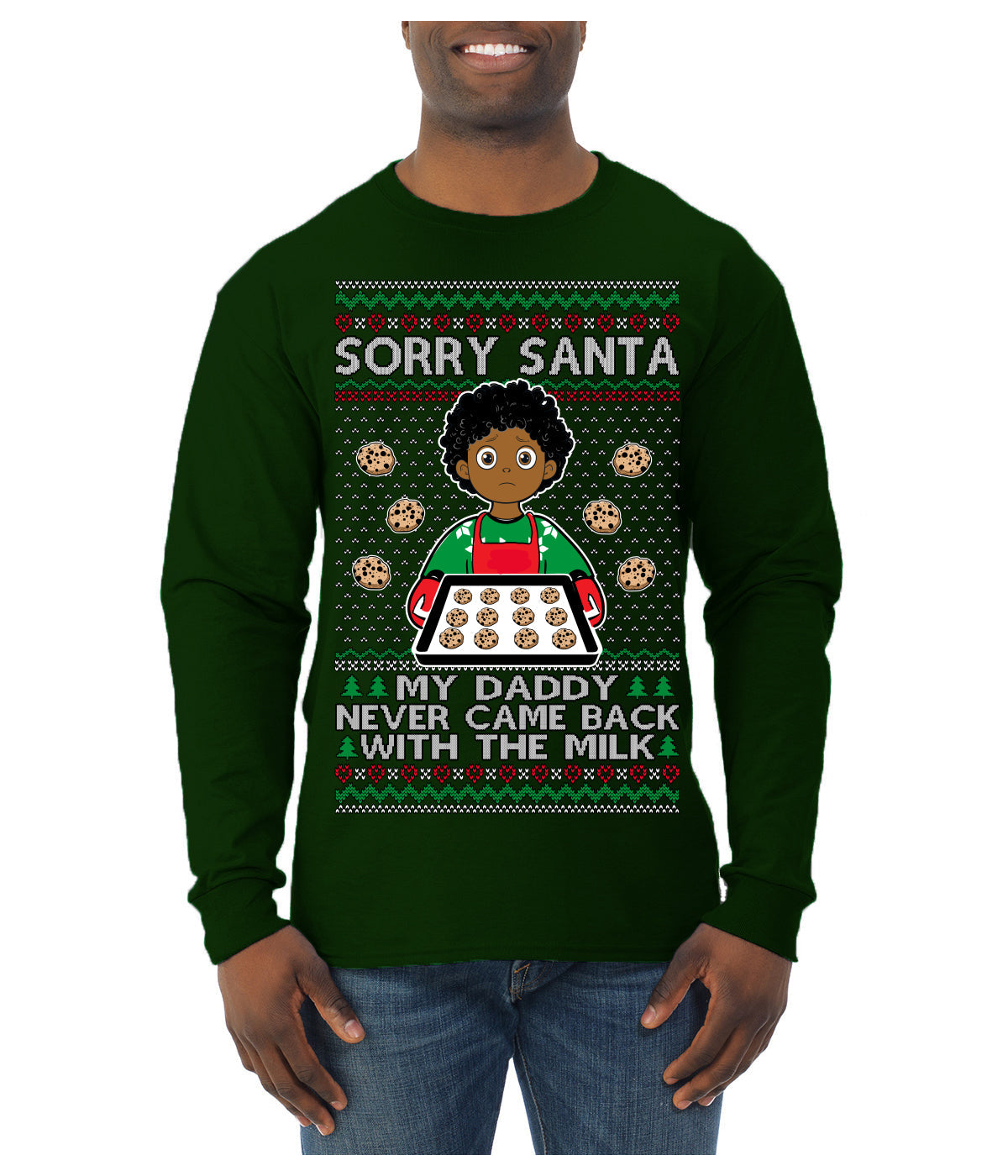Sorry Santa Dad Never Came Back With Milk, Other Kid, Funny Viral Daddy Left Sad Kid Meme Ugly Christmas Sweater Mens Long Sleeve Shirt