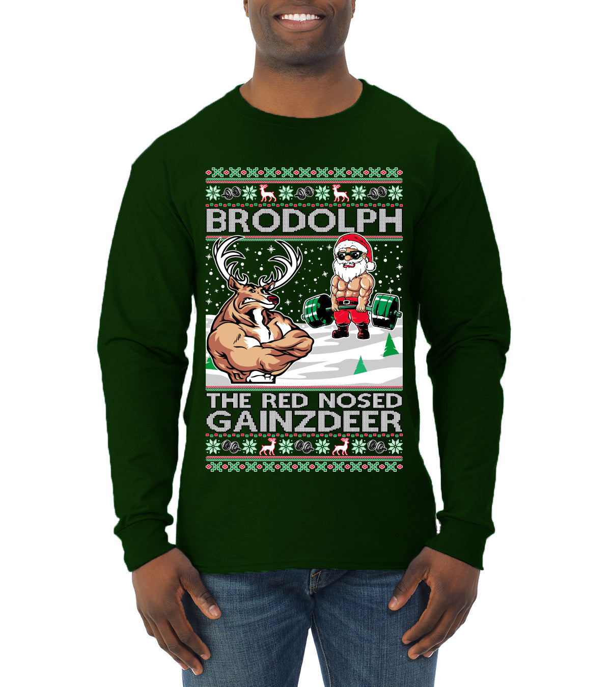 Brodolph Santa Working Out Gym the Red Nosed Gainzdeer Ugly Christmas Sweater Mens Long Sleeve Shirt
