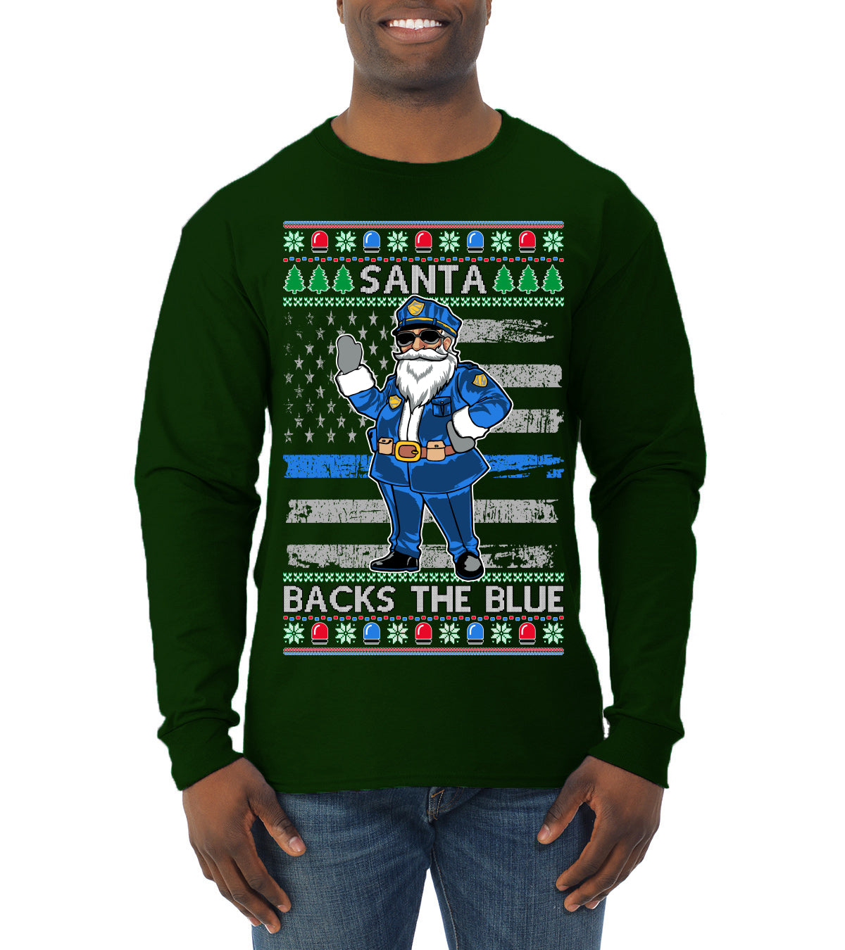 Santa Backs The Blue Pro Police Santa Claus Ugly Christmas Sweater Mens Long Sleeve Shirt