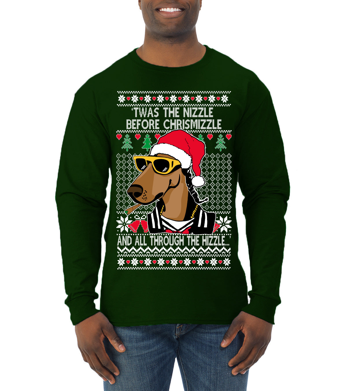 Twas The Nizzle Before Chrismizzle Gangster Dogg Rapper Ugly Christmas Sweater Mens Long Sleeve Shirt