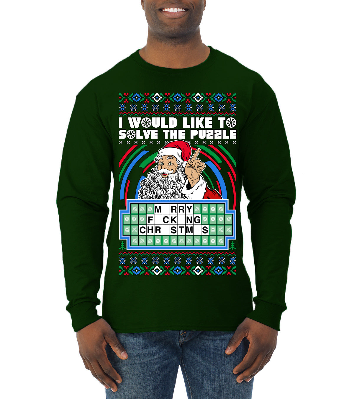 Santa Game Show I'd Like To Solve the Puzzle Wheel Ugly Christmas Sweater Mens Long Sleeve Shirt