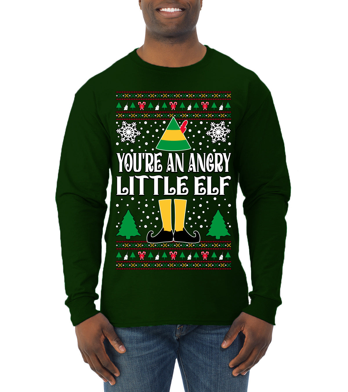 You're An Angry Little Elf Christmas Movie Quote  Ugly Christmas Sweater Mens Long Sleeve Shirt