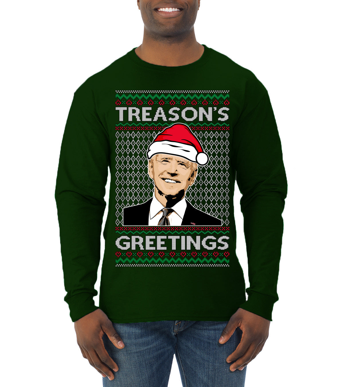 Treason's Greetings Biden President Humor Ugly Christmas Sweater Mens Long Sleeve Shirt