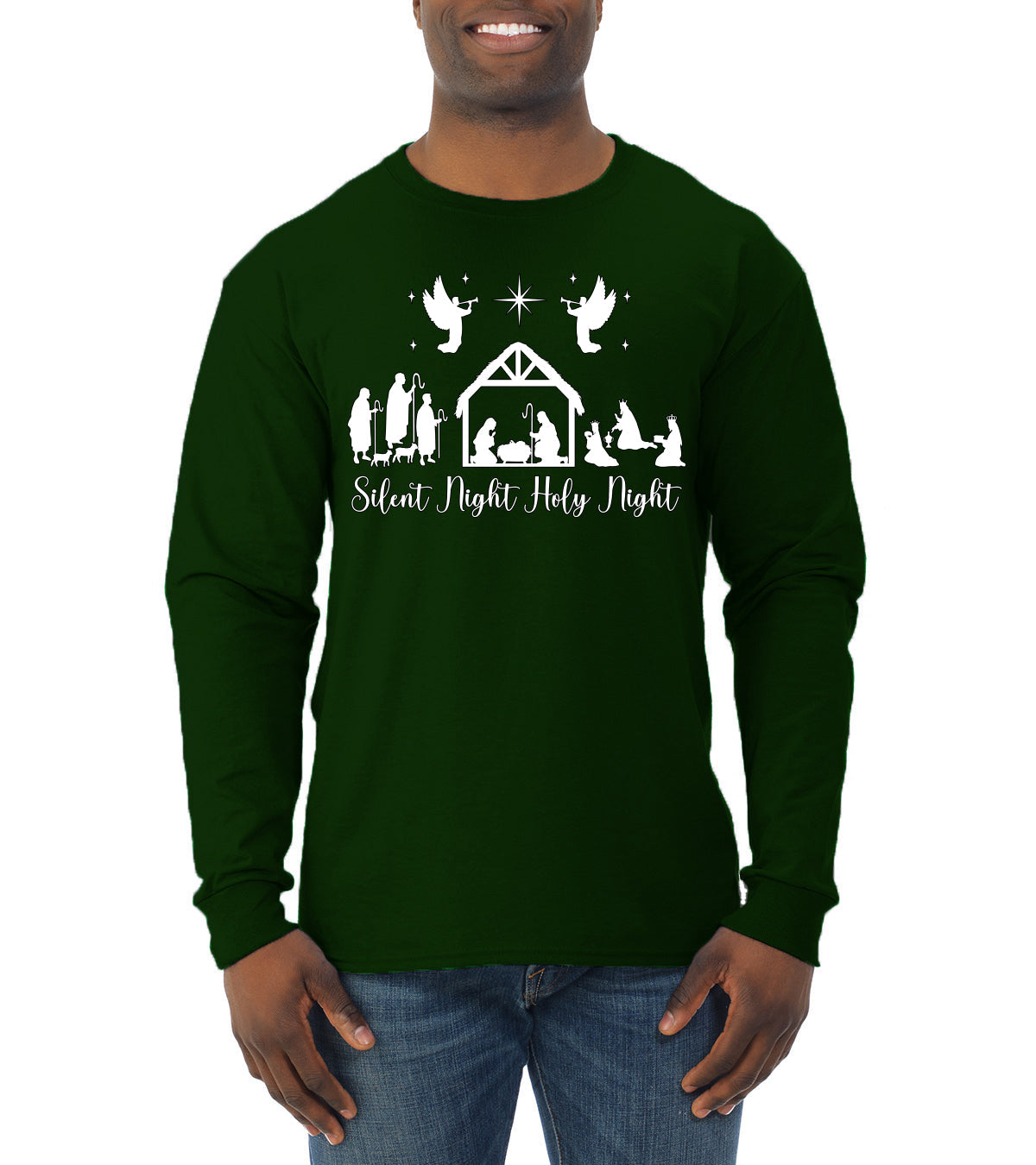 Silent Night Holy Night Religious Jesus Christmas Mens Long Sleeve Shirt