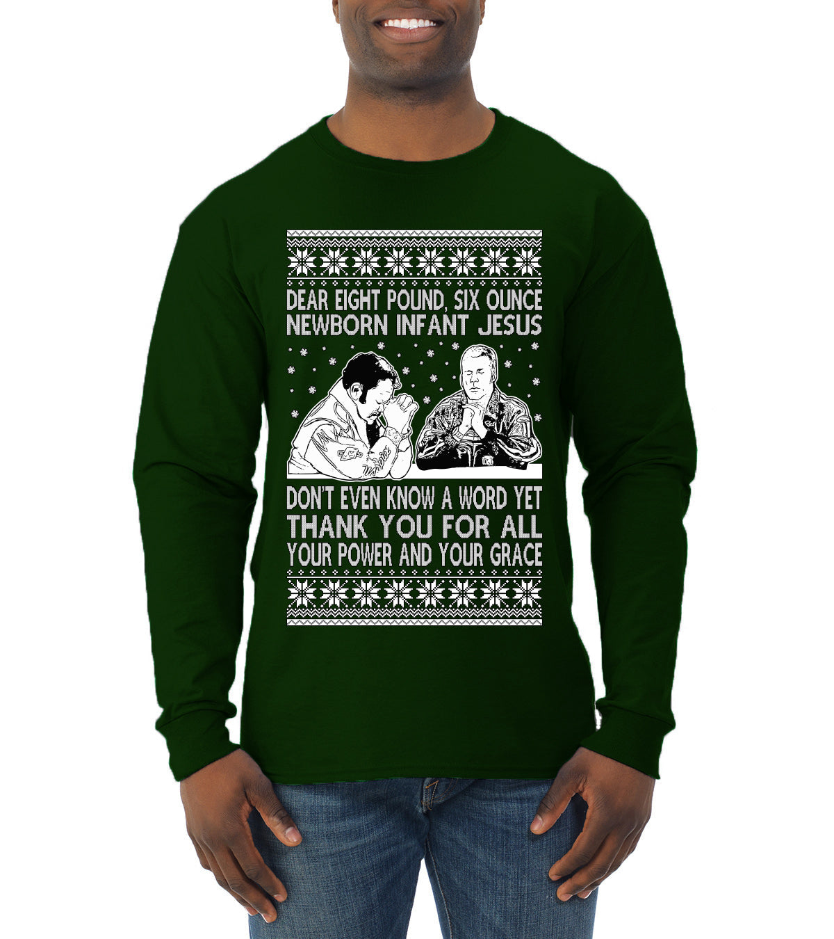 8 Pound 6 Ounce Baby Jesus Shake and Bake  Ugly Christmas Sweater Mens Long Sleeve Shirt