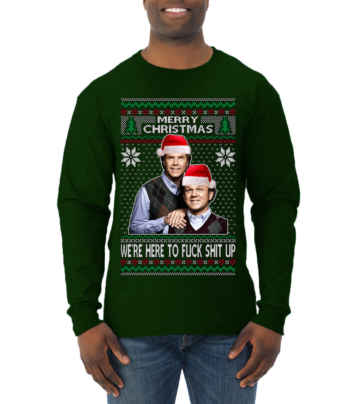 Here To F Stuff Up Step Brothers Holiday Pose Ugly Christmas Sweater Mens Long Sleeve Shirt
