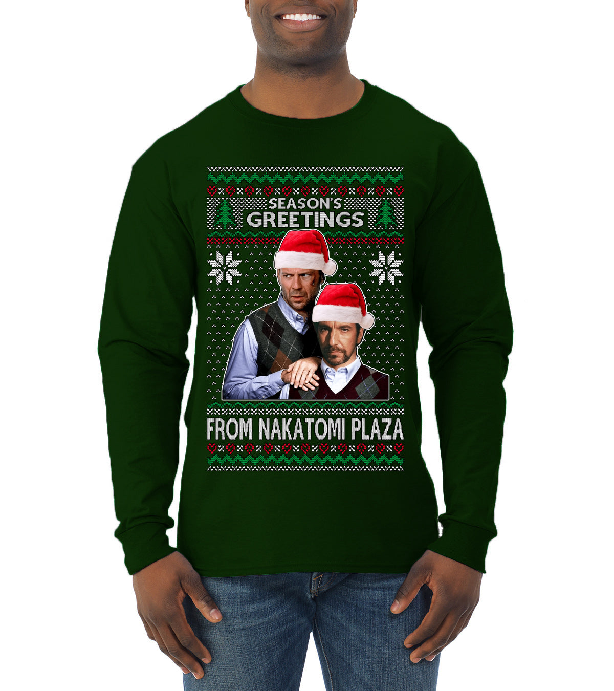 Season's Greeting From Nakatomi Plaza Ugly Christmas Sweater Mens Long Sleeve Shirt