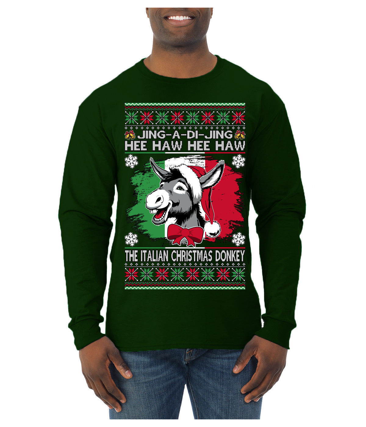 Jing a Di Jing Dominick the Italian Christmas Donkey Ugly Christmas Sweater Mens Long Sleeve Shirt