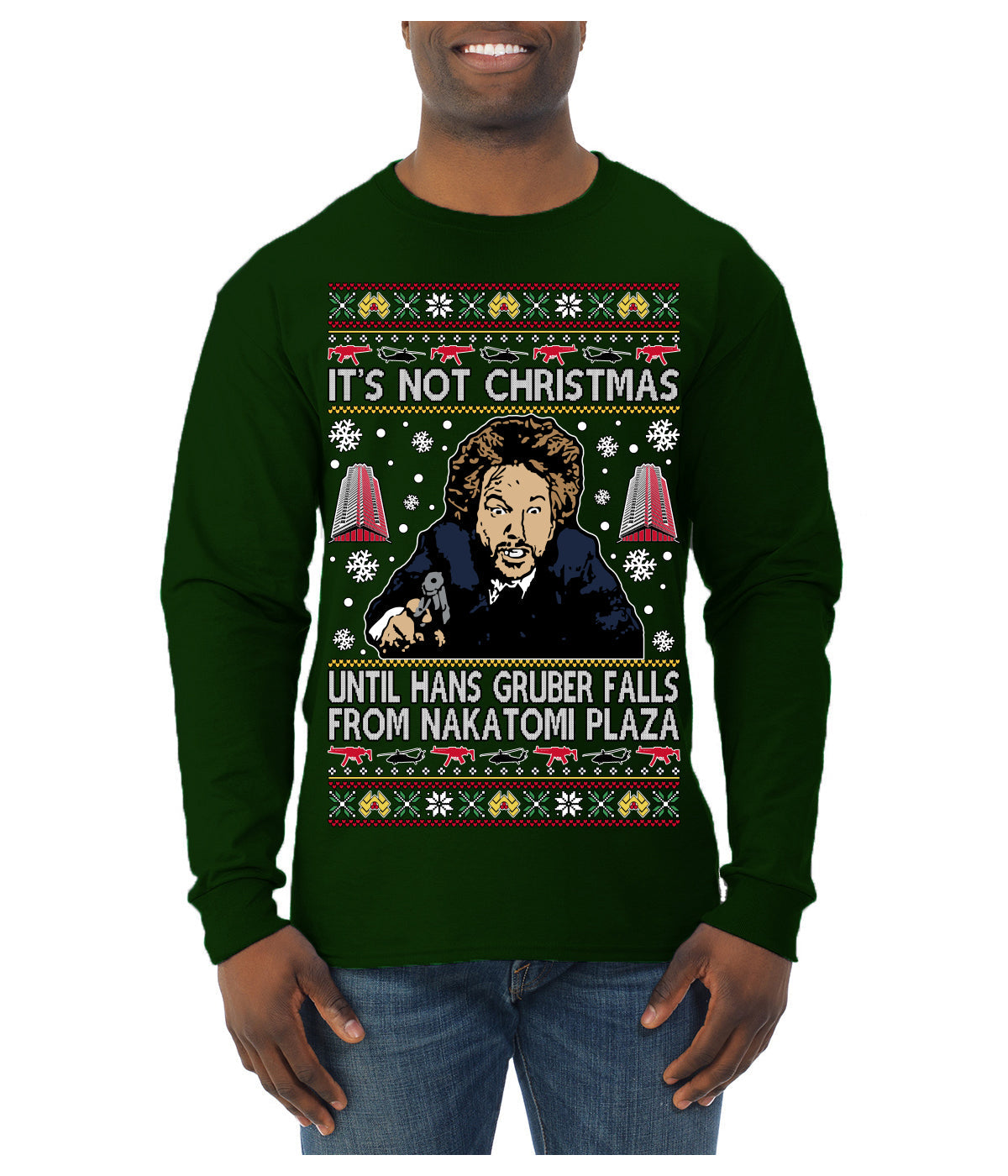 It's Not Christmas Until Hans Gruber Falls From Nakatomi Plaza Color Ugly Christmas Sweater Mens Long Sleeve Shirt